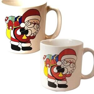 2 Set Santa Clause Mugs Coffee Cups Christmas Holiday WHITE Vintage Collectible